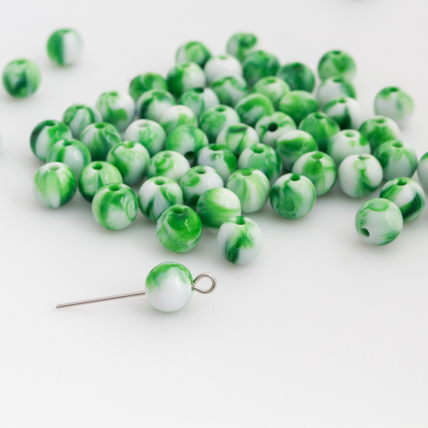 8mm Green and White Marbled Beads - Round Opaque Acrylic 60pcs