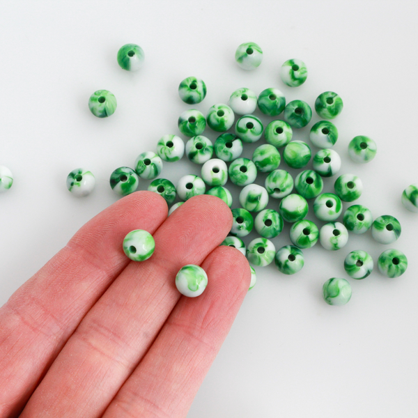 8mm Green and White Marbled Beads - Round Opaque Acrylic 60pcs