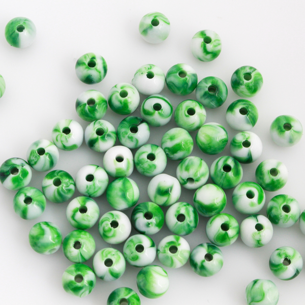 8mm Green and White Marbled Beads - Round Opaque Acrylic 60pcs