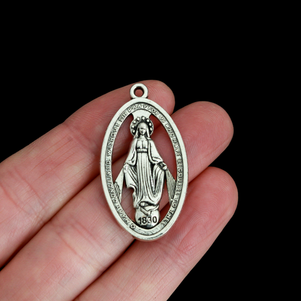 Large Miraculous Medal Charms with Cut Out Design - 36mmx20mm, 5pcs