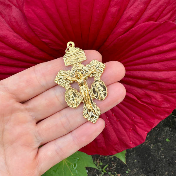 3 Way Gold-Plated Pardon of Indulgence Crucifix with Miraculous Medal and Saint Benedict Medal 2-1/8" Long