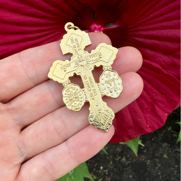 3 Way Gold-Plated Pardon of Indulgence Crucifix with Miraculous Medal and Saint Benedict Medal 2-1/8" Long