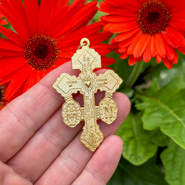 3 Way Gold-Plated Pardon of Indulgence Crucifix with Miraculous Medal and Saint Benedict Medal 2-1/8" Long