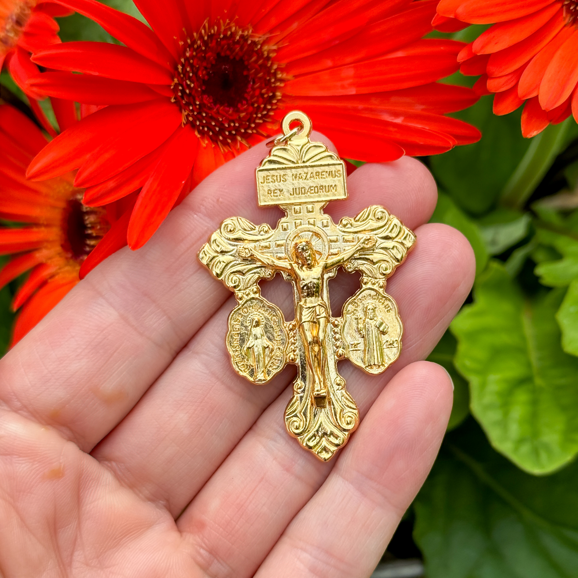 3 Way Gold-Plated Pardon of Indulgence Crucifix with Miraculous Medal and Saint Benedict Medal 2-1/8" Long