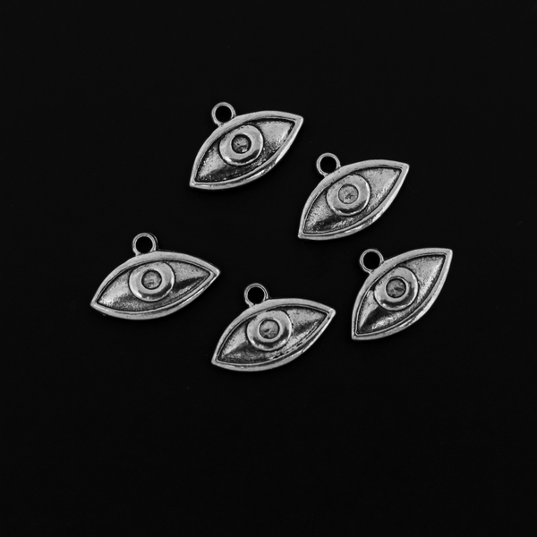 Human eye shaped charms in antiqued silver tone finish, 19mm x 13mm