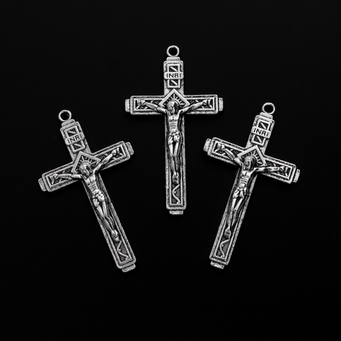 Silver Fatima Crucifix Crosses 2" Long - Sunburst Nimbus and Vine Detail, 3pcs