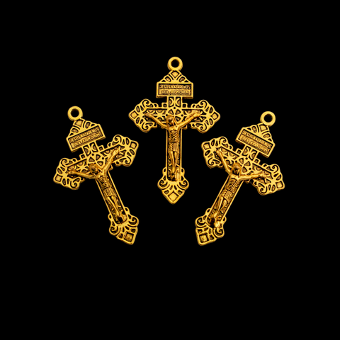 Gold Indulgence Pardon Crucifix 2-1/8" Long - Jesus Nazarenus Rex Judaeorum, 3pcs