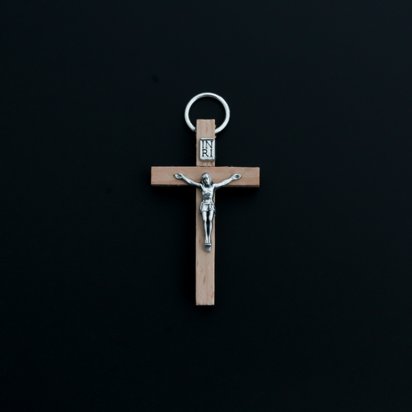 Natural Wood Crucifix Cross Pendant with Metal Corpus 1-3/4" long, Made in Italy