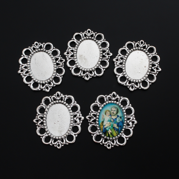 Silver Ornate Edge Bezel Rosary Centerpiece with 25x18mm Tray - Oval Cabochon Setting, 5pcs