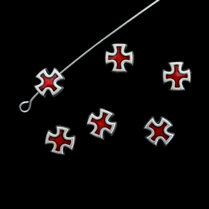 Cross Shaped Metal Spacer Beads with Red Enamel Accent, 8mmx8mm, 6pcs