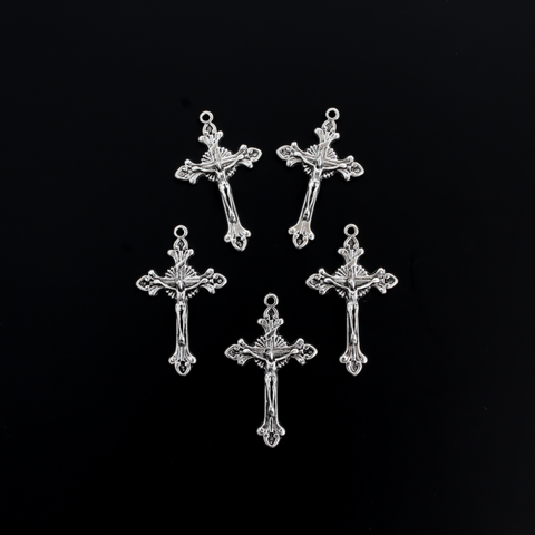 Silver Starburst Nimbus Crucifix Cross with Fleur de Lis Ends 1-5/8" Long, 5pcs