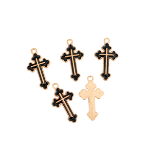 Black Enamel Cross Charms - Light Gold Tone Setting, 25x14mm 5pcs