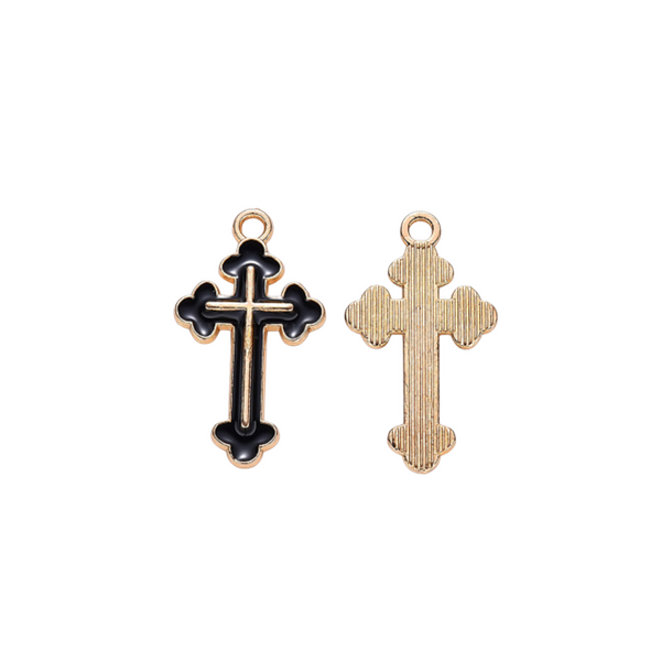 Black Enamel Cross Charms - Light Gold Tone Setting, 25x14mm 5pcs